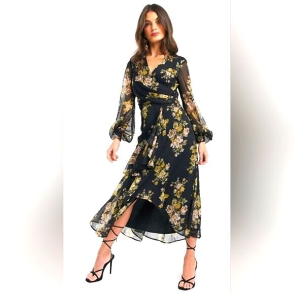 ASOS Design Wrap Waist Floral Midi Dress - Size 22 - Picture 1 of 10
